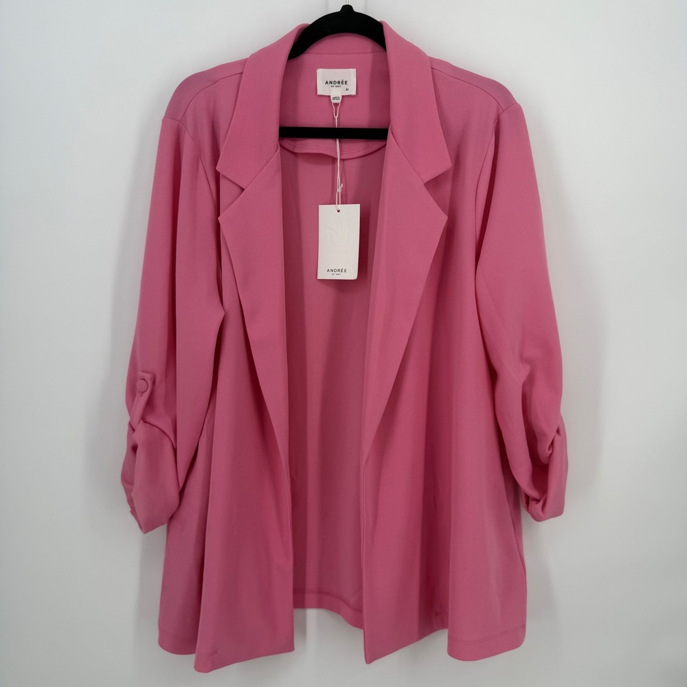 Andree by Unit Blazer Women 1X Pink Roll-Tab Sleeve Open Front NEW Career Wear
